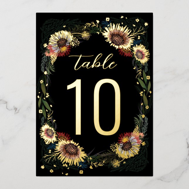 Sketched Flowers Boho Black Gold Foil Table Number (Front)