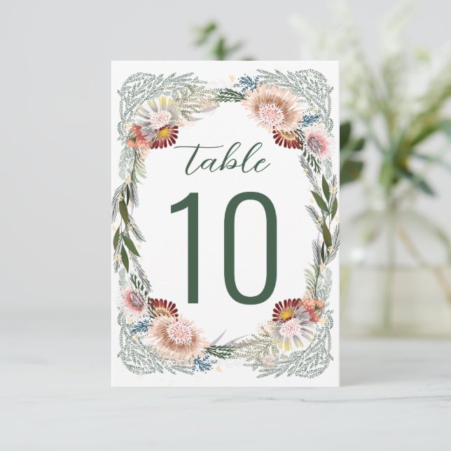 Sketched Flowers Boho Green White Table Number (Standing Front)
