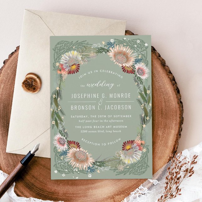 Sketched Flowers Unique Sage Wedding Invitation (Creator Uploaded)
