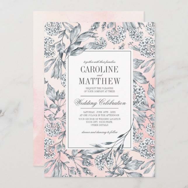 Sketched Flowers Watercolor Blush Pink Wedding Invitation (Front/Back)