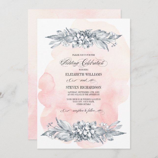 Sketched Flowers Watercolor Blush Pink Wedding Invitation (Front/Back)