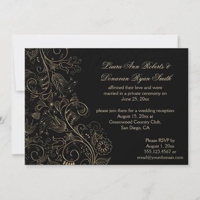 Sketched Gold Swirls Flowers on Black Wedding Invitation (Front)