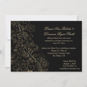 Sketched Gold Swirls Flowers on Black Wedding Invitation