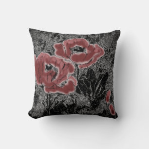 Sketched grey black red flowers poppies floral gra cushion