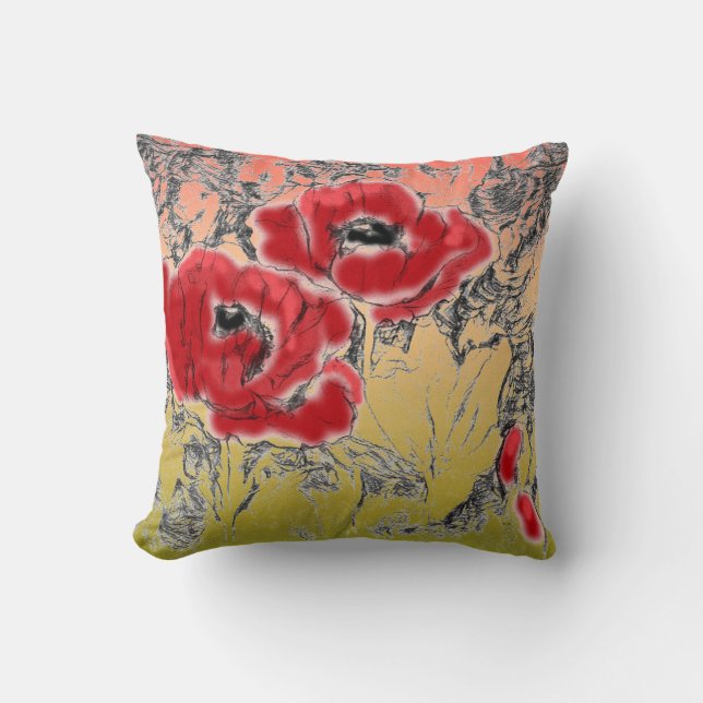 Sketched grey black red flowers poppies floral gra cushion (Front)