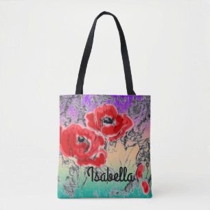 Sketched grey black red flowers poppies floral gra tote bag