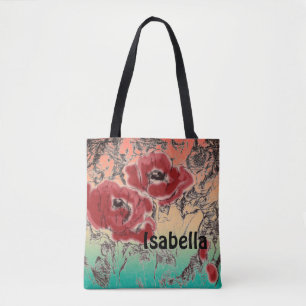 Sketched grey black red flowers poppies floral gra tote bag