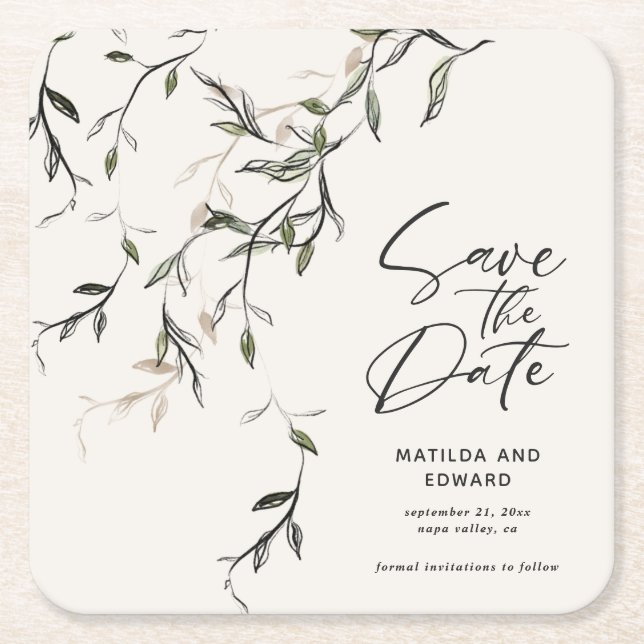 Sketched leaf botanical foliage modern wedding square paper coaster (Front)