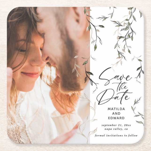 Sketched leaf botanical foliage modern wedding square paper coaster (Front)