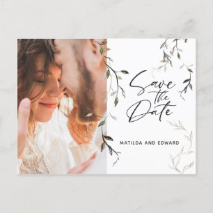 Sketched leaf botanical foliage photo wedding announcement postcard