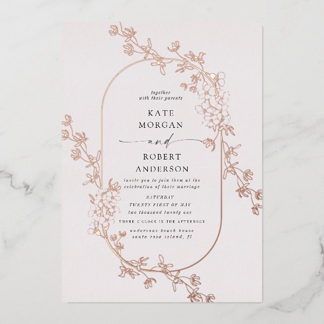 sketched modern floral wedding foil invitation (Front)