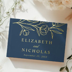 Sketched Navy and Gold Foil Floral Photo Wedding Guest Book