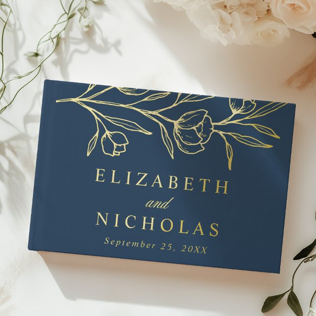 Sketched Navy and Gold Foil Floral Photo Wedding Guest Book (Creator Uploaded)