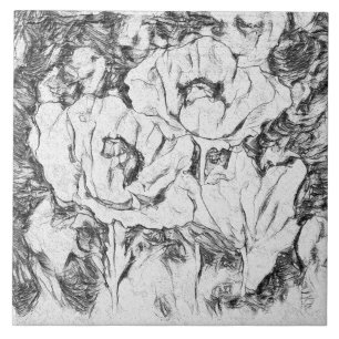 Sketched pen hand drawn poppies flowers floral whi ceramic tile