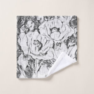 Sketched pen hand drawn poppies flowers floral whi wash cloth