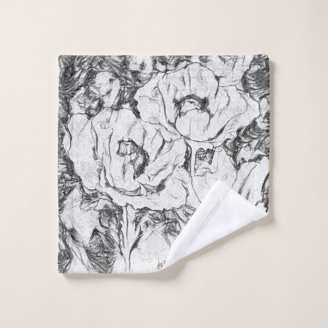 Sketched pen hand drawn poppies flowers floral whi wash cloth (Wash Cloth)