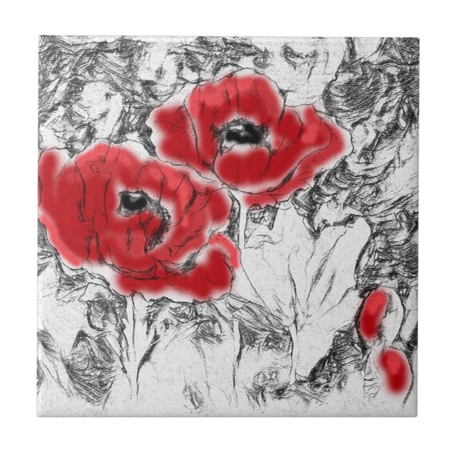 Sketched pen hand drawn red poppies flowers floral ceramic tile (Front)