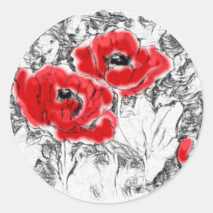 Sketched pen hand drawn red poppies flowers floral classic round sticker