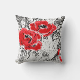 Sketched pen hand drawn red poppies flowers floral cushion