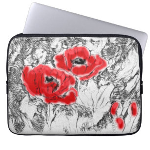 Sketched pen hand drawn red poppies flowers floral laptop sleeve