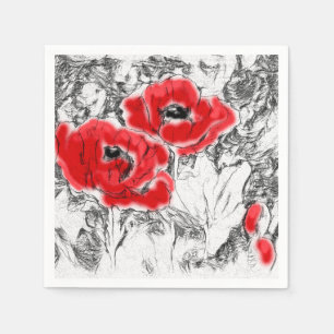 Sketched pen hand drawn red poppies flowers floral napkin