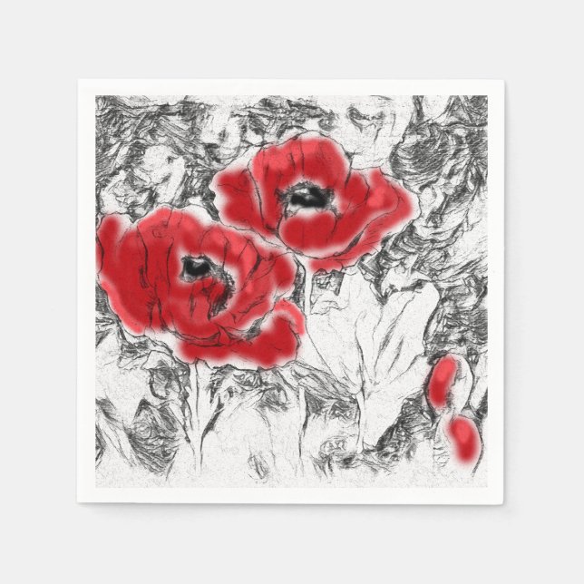 Sketched pen hand drawn red poppies flowers floral napkin (Front)