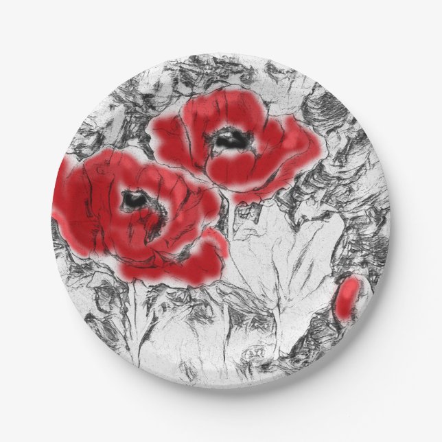 Sketched pen hand drawn red poppies flowers floral paper plate (Front)