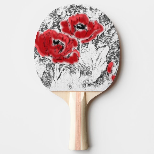 Sketched pen hand drawn red poppies flowers floral ping pong paddle (Front)
