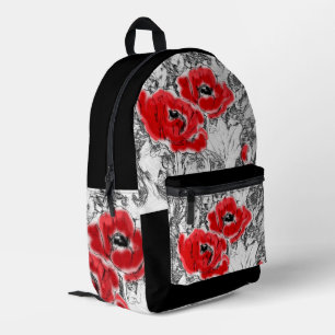 Sketched pen hand drawn red poppies flowers floral printed backpack