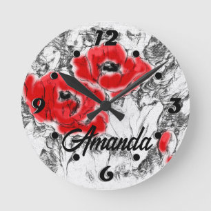 Sketched pen hand drawn red poppies flowers floral round clock