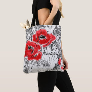Sketched pen hand drawn red poppies flowers floral tote bag