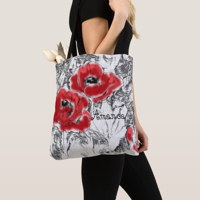 Sketched pen hand drawn red poppies flowers floral tote bag (Close Up)