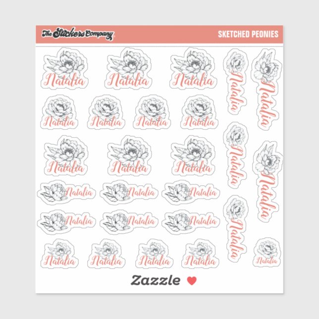 Sketched Peonies Custom Name Labels | School (Sheet)