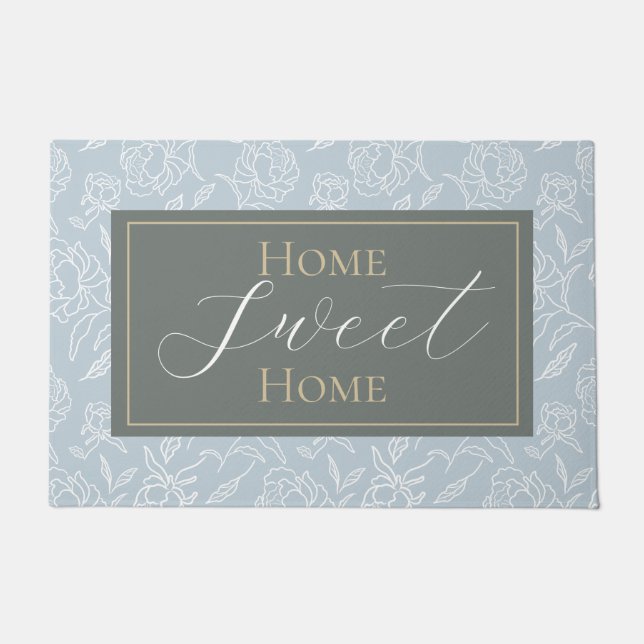 Sketched Peonies Dusty Blue Doormat (Front)