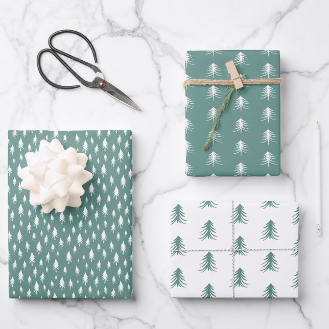 Sketched Pine Trees Coordinating Holiday Wrapping Paper Sheet (Front)