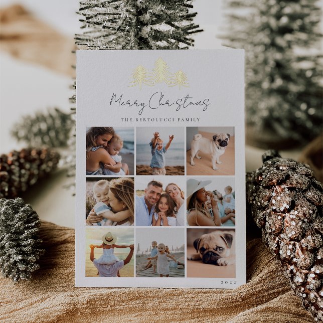 Sketched Pines Photo Collage Foil Holiday Card (Creator Uploaded)