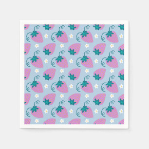 Sketched pink strawberries on blue napkins