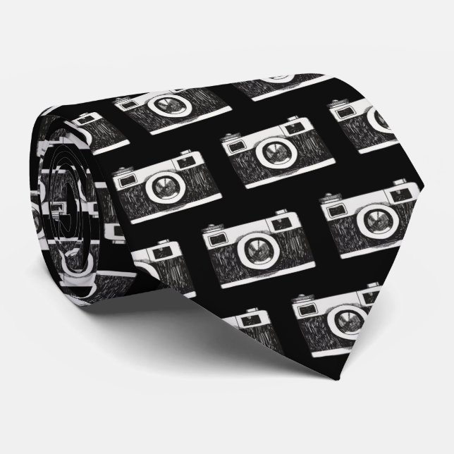 sketched retro camera pattern tie (Rolled)