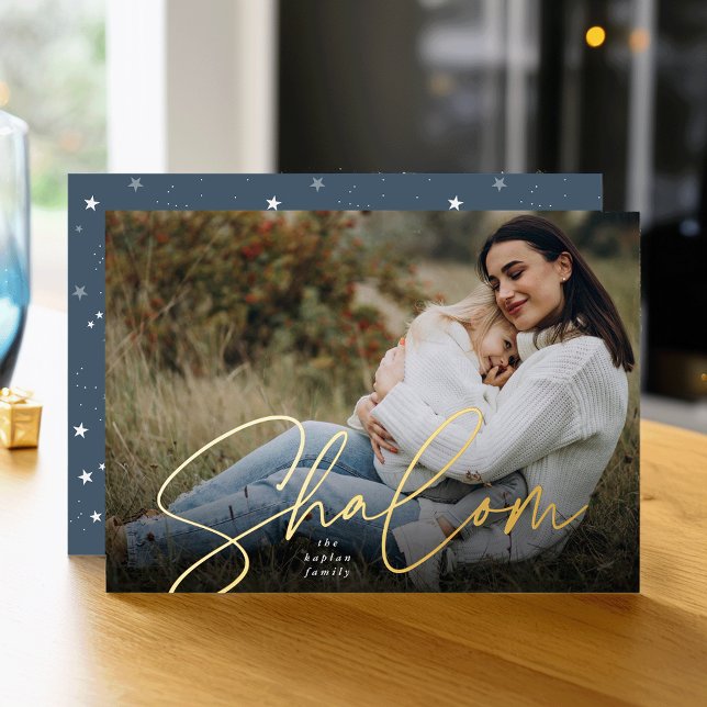 Sketched Shalom Full Photo Hanukkah Foil Holiday Card (Creator Uploaded)