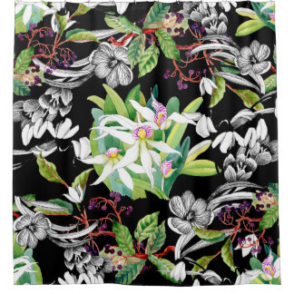 Sketched snowdrops and blooming orchids flowers se shower curtain