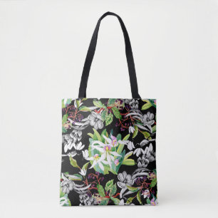 Sketched snowdrops and blooming orchids flowers se tote bag