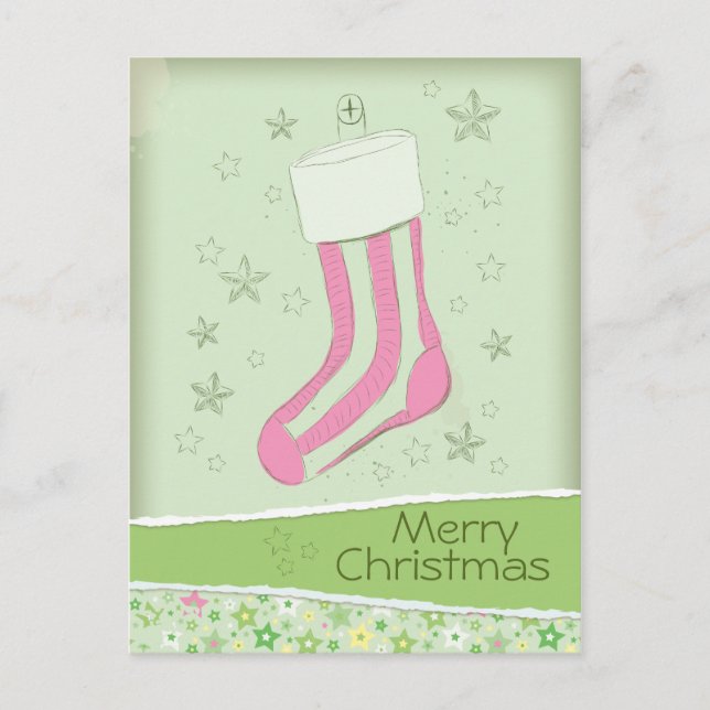 sketched stocking Pink Christmas Holiday Postcard (Front)