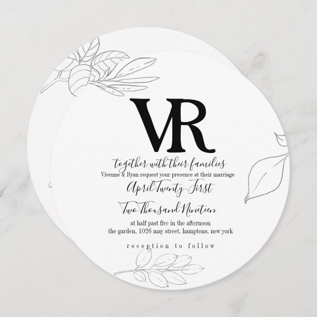 Sketched Swan and Botanical Wedding Invitation (Front/Back)