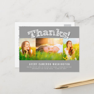 Sketched Thanks Multi 3 Photo Graduation Thank You Postcard