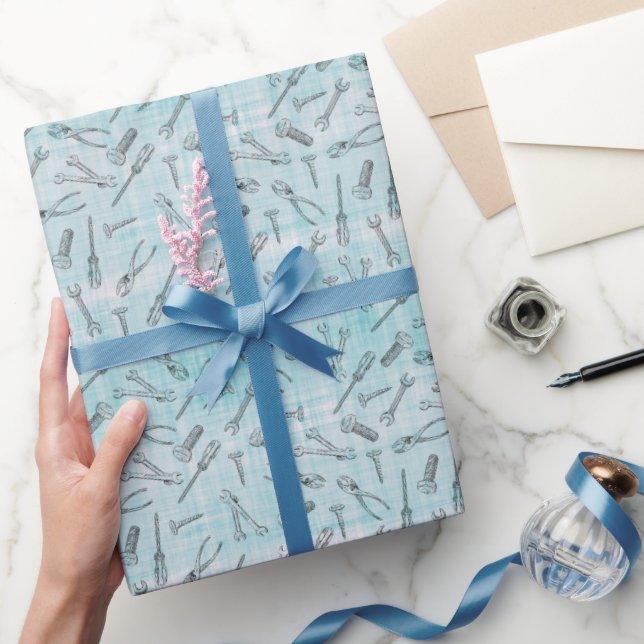 Sketched Tools on Blue & White Linen Wrapping Paper (Gifting)