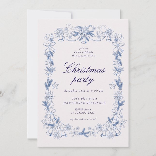 Sketched Vintage Blue Golden Christmas Party Invitation (Front)