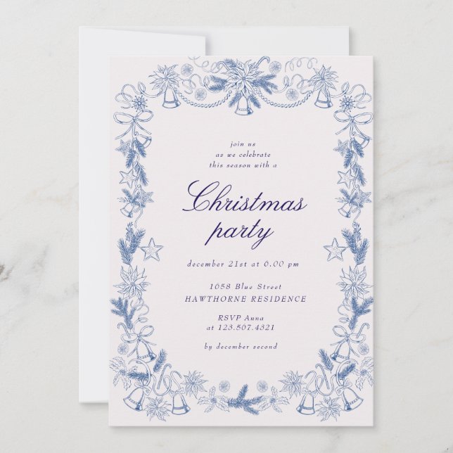Sketched Vintage Blue Golden Christmas Party Invitation (Front)