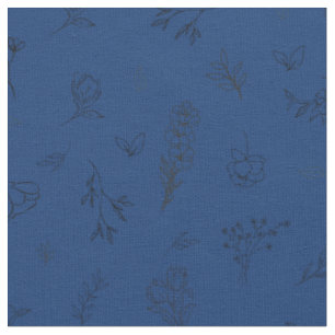 Sketched Wildflowers on Dark Blue Fabric