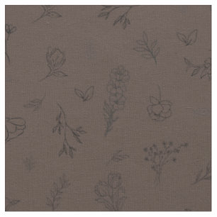 Sketched Wildflowers on Dark Brown Fabric