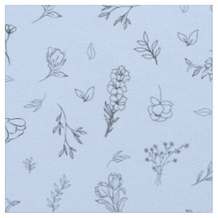 Sketched Wildflowers on Light Blue Fabric